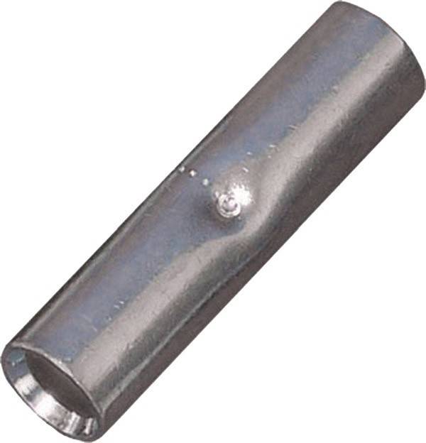 Ein zylindrischer Metallverbinder mit glatter Oberfläche, der zum Verbinden oder Verlängern von Kabeln verwendet wird, abgebildet vor einem einfarbigen weißen Hintergrund.