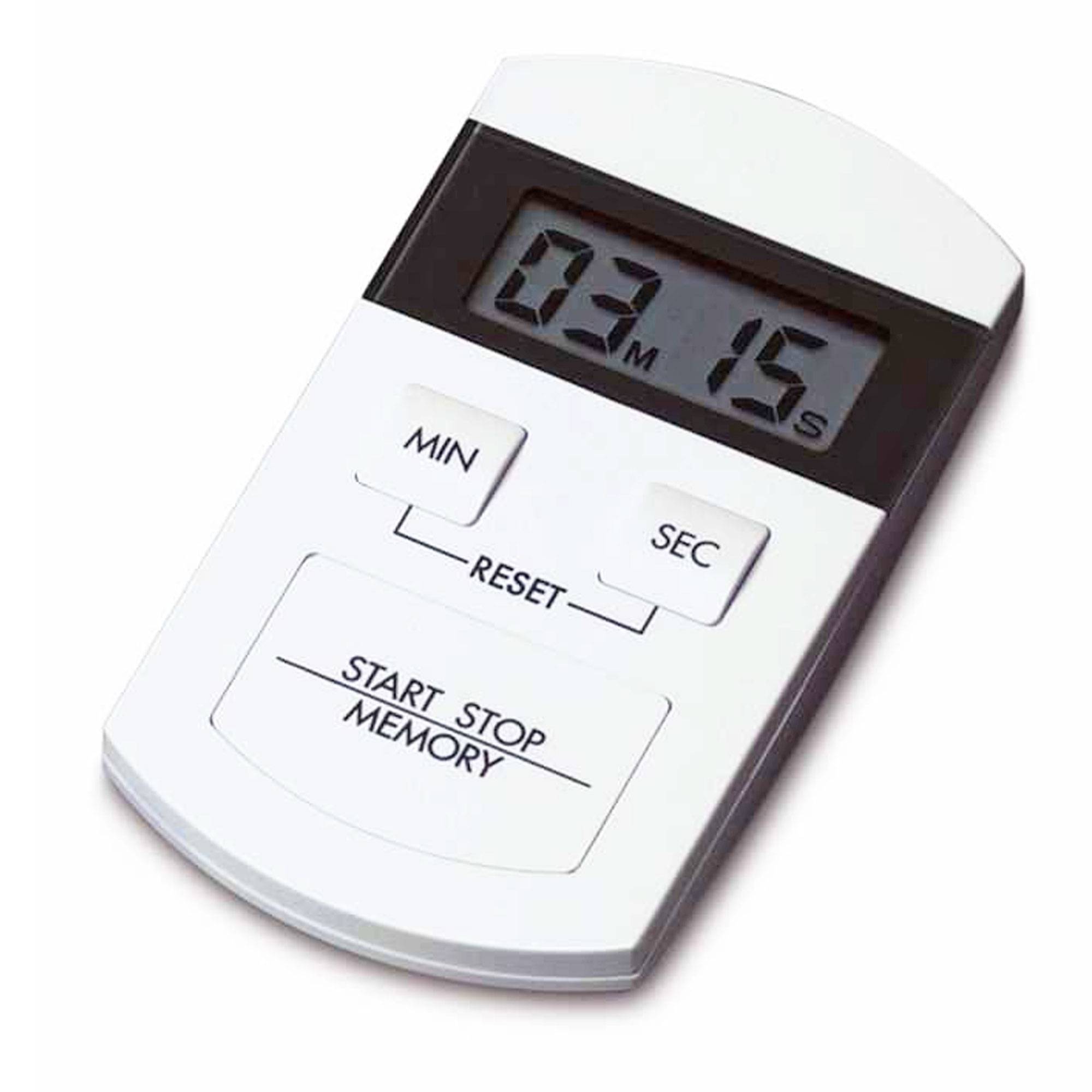 Digitale Küchenuhr zeigt 3 Minuten 15 Sekunden an, mit MIN-, SEC-, RESET- und START/STOP MEMORY-Tasten.