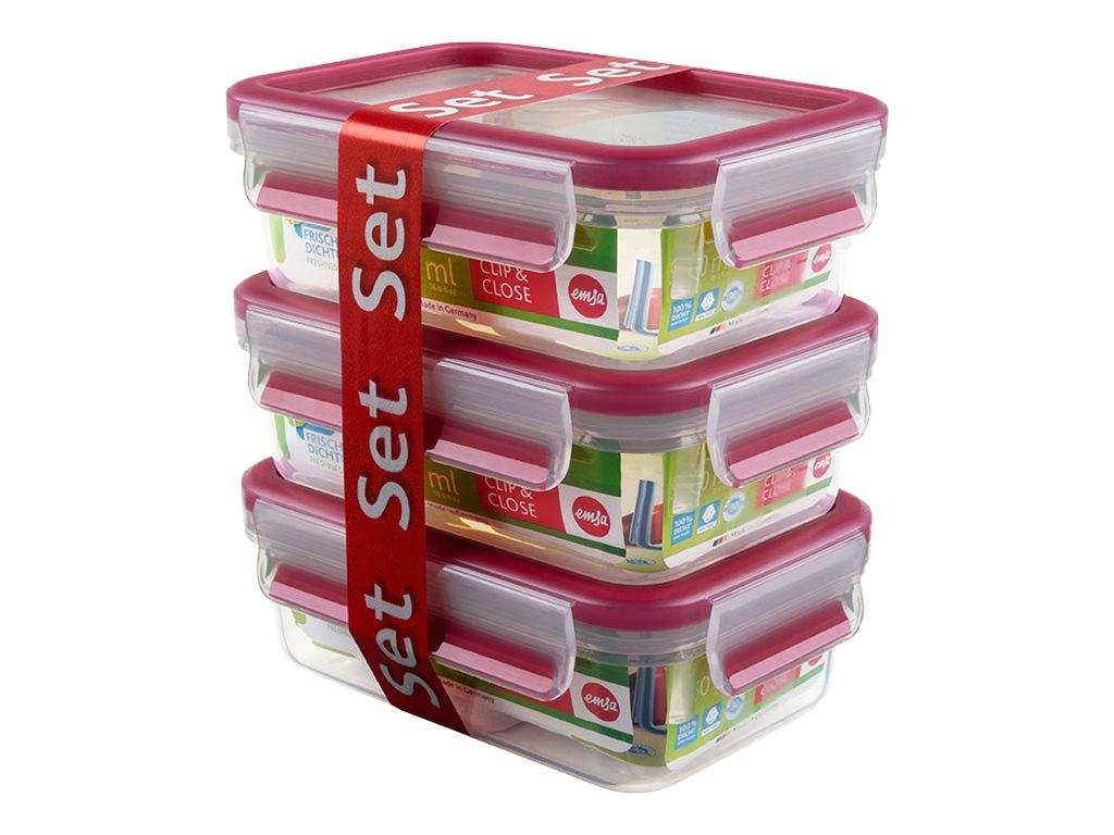 GROUPE SEB - EMSA CLIP & CLOSE - Lebensmittelbehälter - 0.55 L - durchsichtig, himbeerfarben (Packung mit 3)