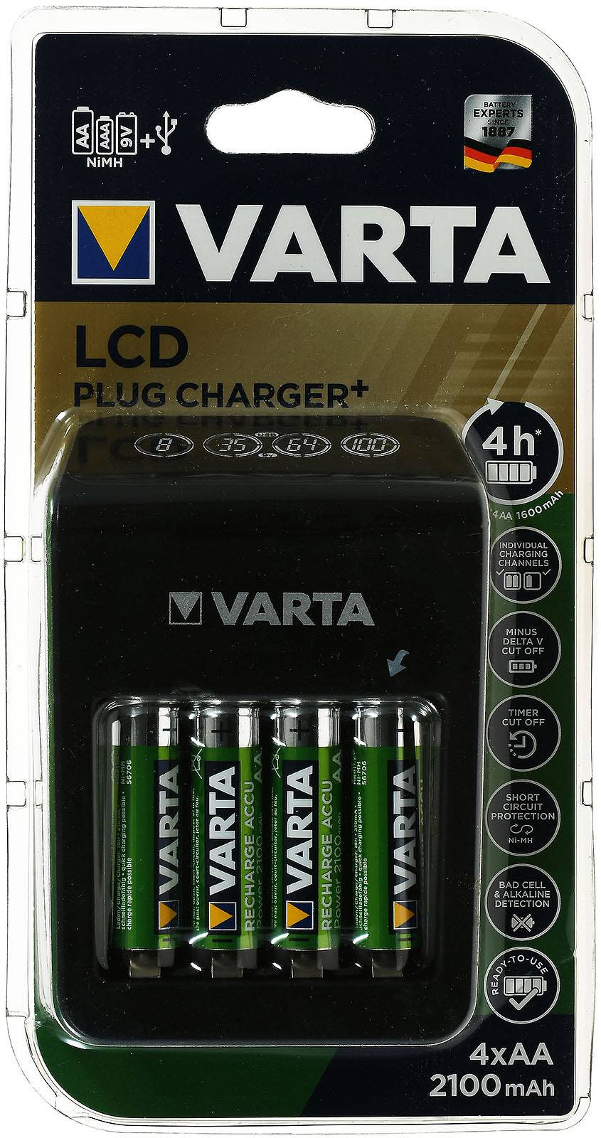 Varta Steckerlader / Ladegerät mit LCD-Anzeige und USB inklusive 4x Varta AA-Akkus R2U 2100mAh
