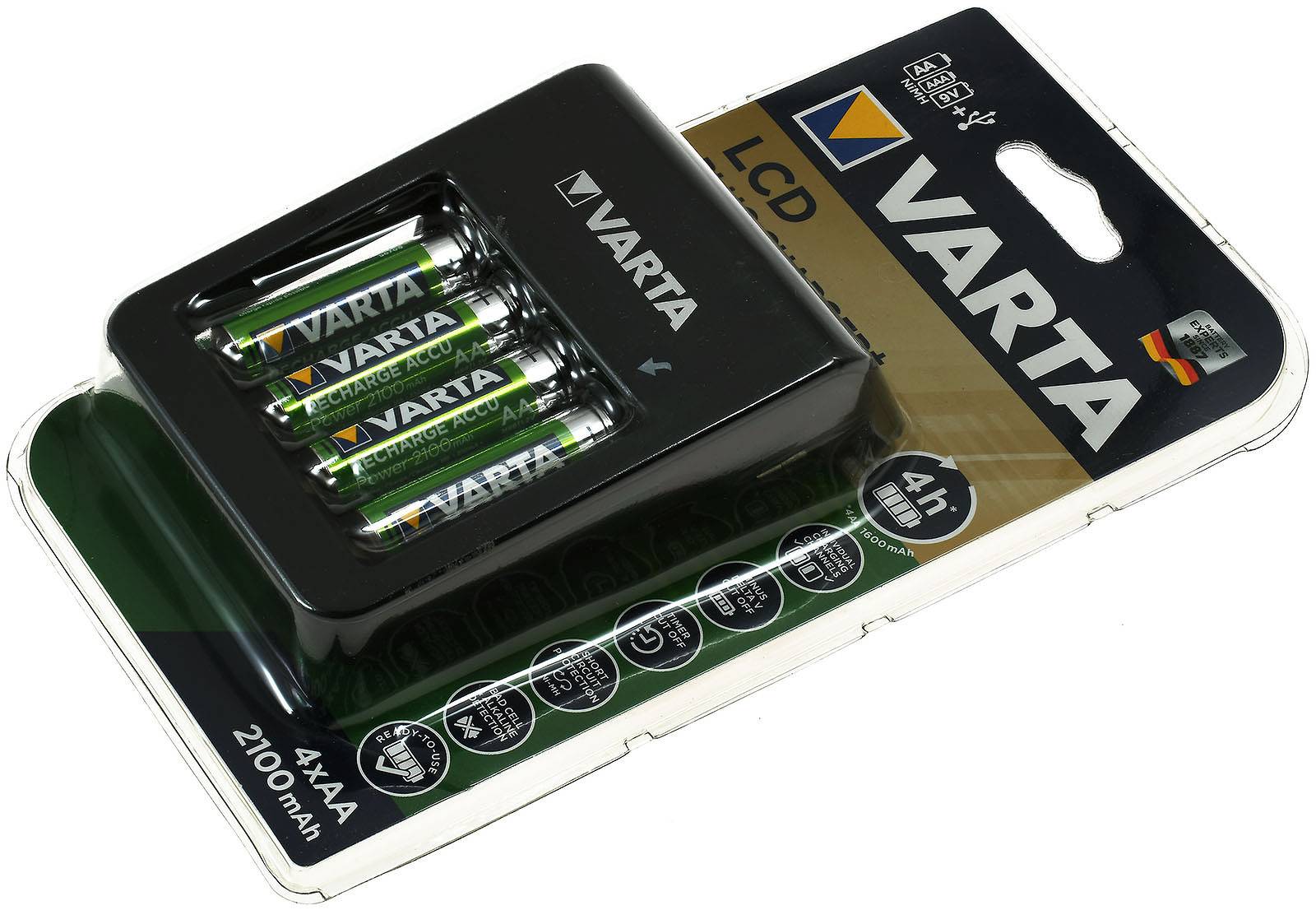 Varta Steckerlader / Ladegerät mit LCD-Anzeige und USB inklusive 4x Varta AA-Akkus R2U 2100mAh