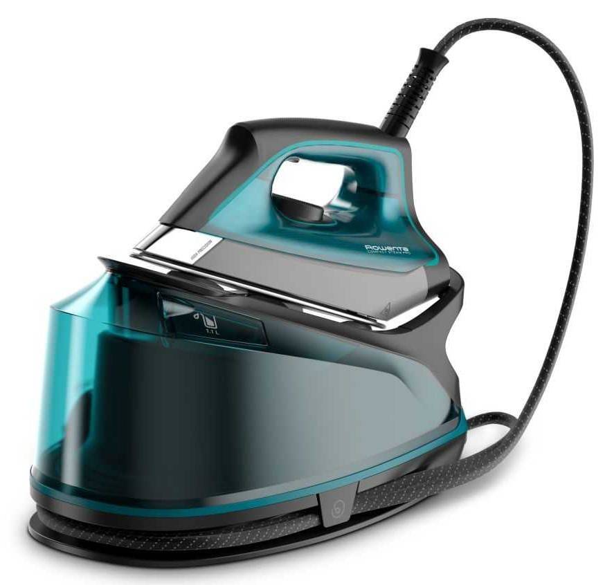 Ein blau-schwarzer Dampfbügeleisen mit einem großen transparenten Wassertank und Kabel, entwickelt für effizientes Glätten von Kleidungsstücken.