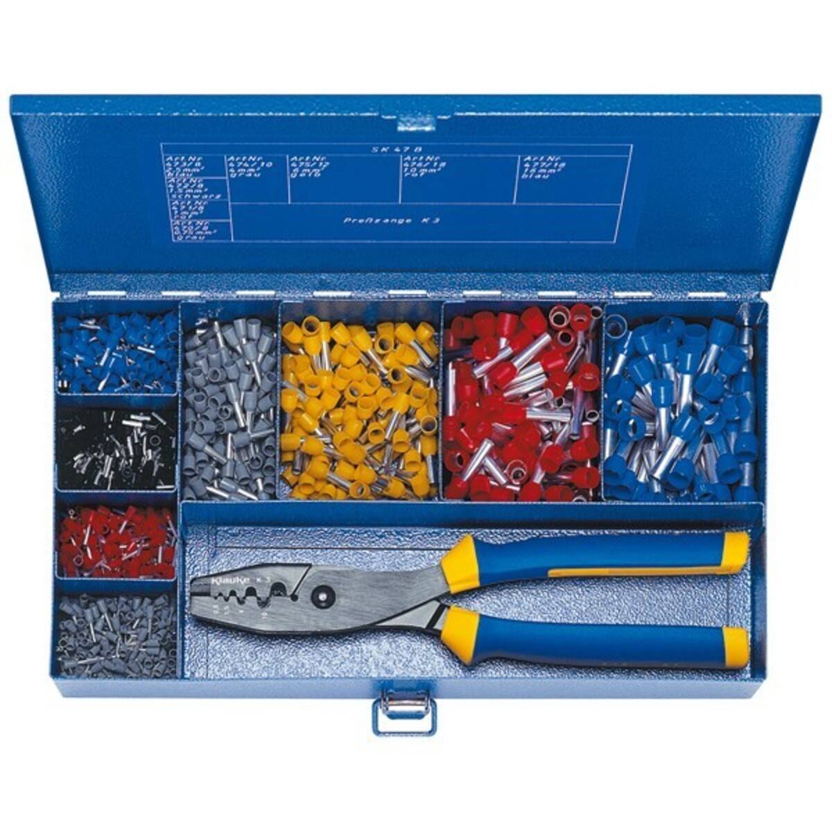 Eine offene blaue Werkzeugkiste enthält eine Vielfalt an Kabelverbindern in roten, gelben und blauen Fächern, mit Zangen in der Mitte.