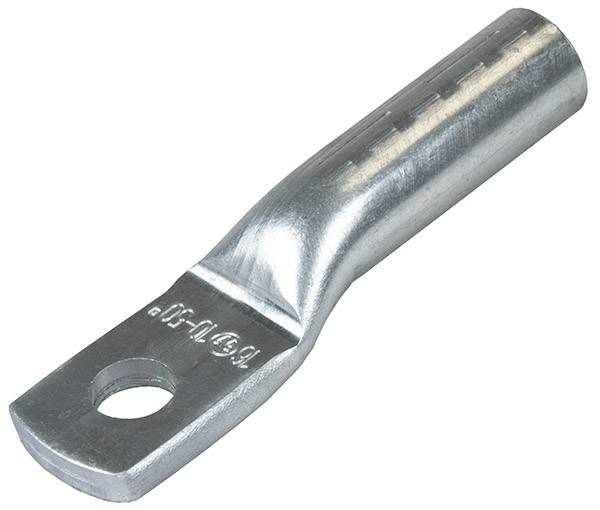 Ein silberner Metallstift mit einer zylindrischen Basis und einem flachen, gelochten Ende, der zum Verbinden von elektrischen Leitungen mit Komponenten oder Anschlüssen verwendet wird.