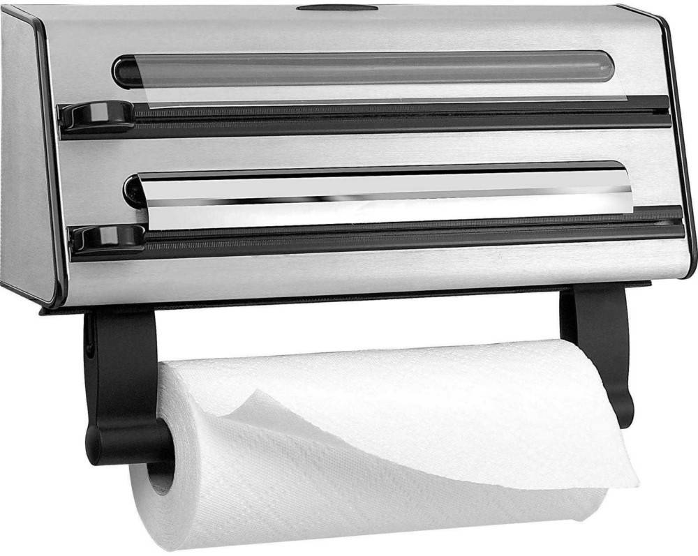 Wandmontierter Papiertuchspender aus Edelstahl mit einer darunter eingelegten Papiertuchrolle.