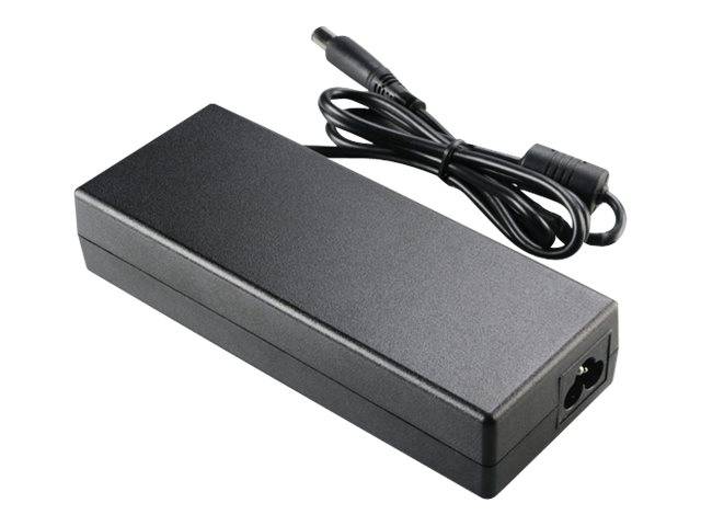 Schwarzer rechteckiger Laptop-Stromadapter mit angeschlossenem Kabel und Steckverbinder auf weißem Hintergrund.