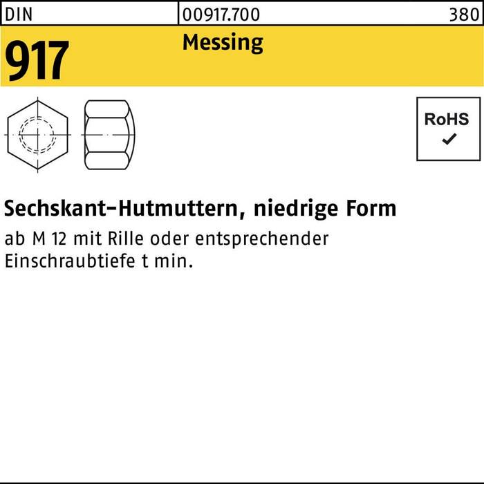 Sechskant-Hutmuttern, niedrige Form' Beschriftung mit Sechskantmuttern-Illustration, Spezifikationen auf Deutsch und RoHS-Konformitäts-Prüfzeichen.