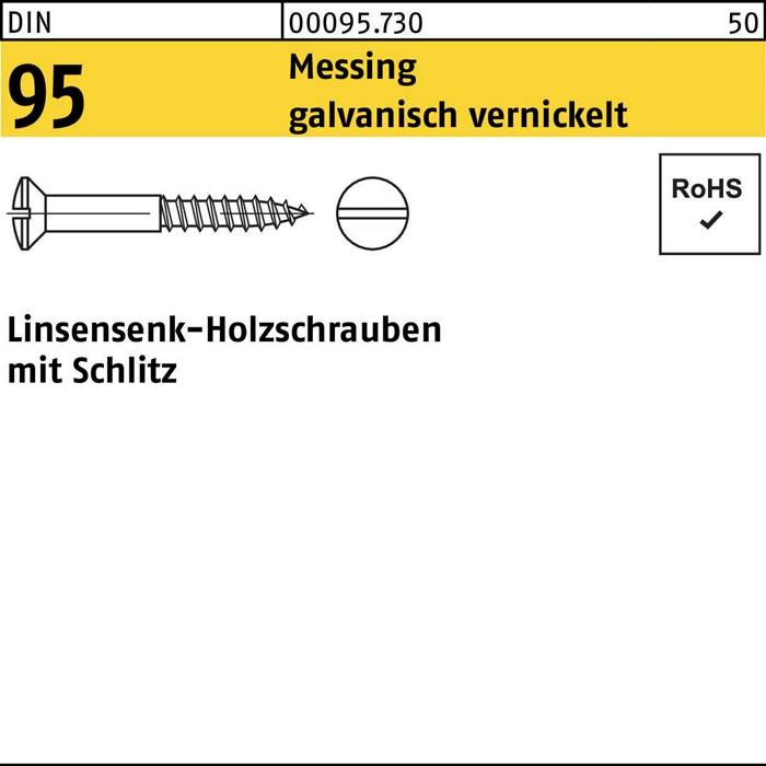 Eine detaillierte Darstellung einer Senkkopfholzschraube mit Schlitz, konform mit der RoHS-Richtlinie. Gekennzeichnet als Messing, vernickelt, DIN-Norm.