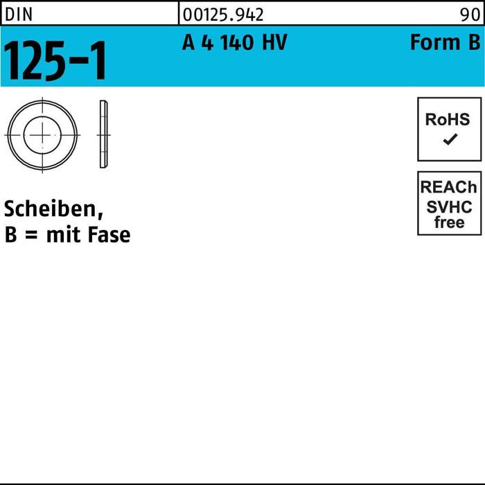 Technische Zeichnung eines kreisförmigen Objekts mit der Bezeichnung 'Scheiben, B mit Fase 125-1.' Merkmale umfassen DIN-Norm, RoHS- und SVHC-Konformität.