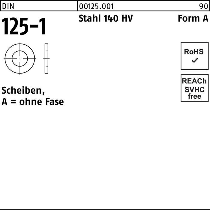 Scheibe aus Stahl (DIN 125-1), 125 mm Durchmesser, ohne Fase, Härte 140 HV, RoHS- und REACH-konform, Ausführung A.