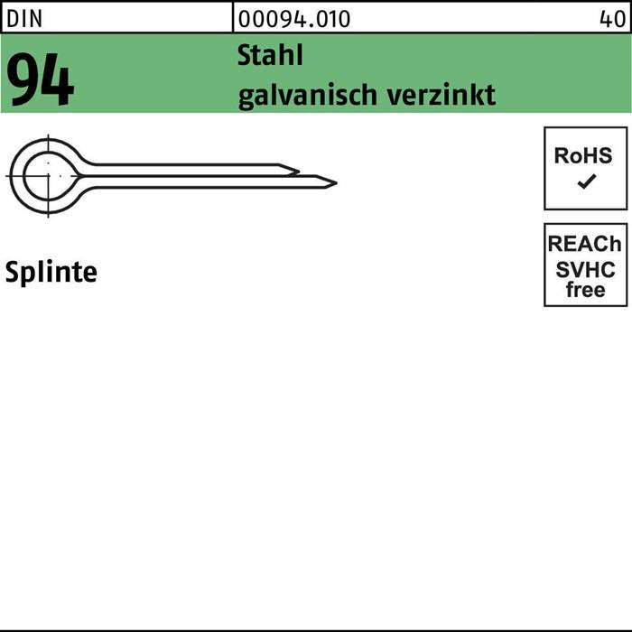 Ein Diagramm eines Splintbolzens, gekennzeichnet als 'galvanisch verzinkt', mit den Zahlen '94' und 'splinte'. Symbole zeigen die RoHS- und SVHC-Konformität an.