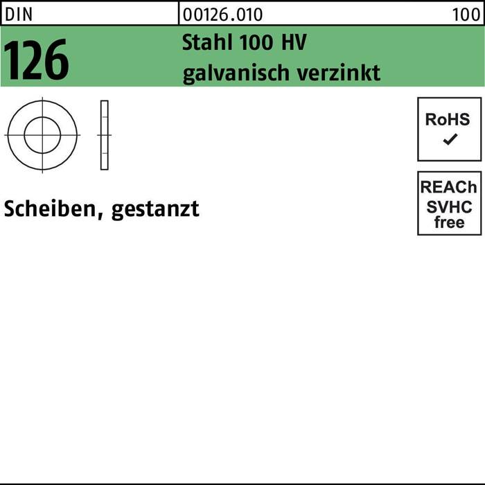 126, Scheiben, gestanzt, Stahl 100 HV galvanisch verzinkt, RoHS-konform, SVHC-frei, 00126.010