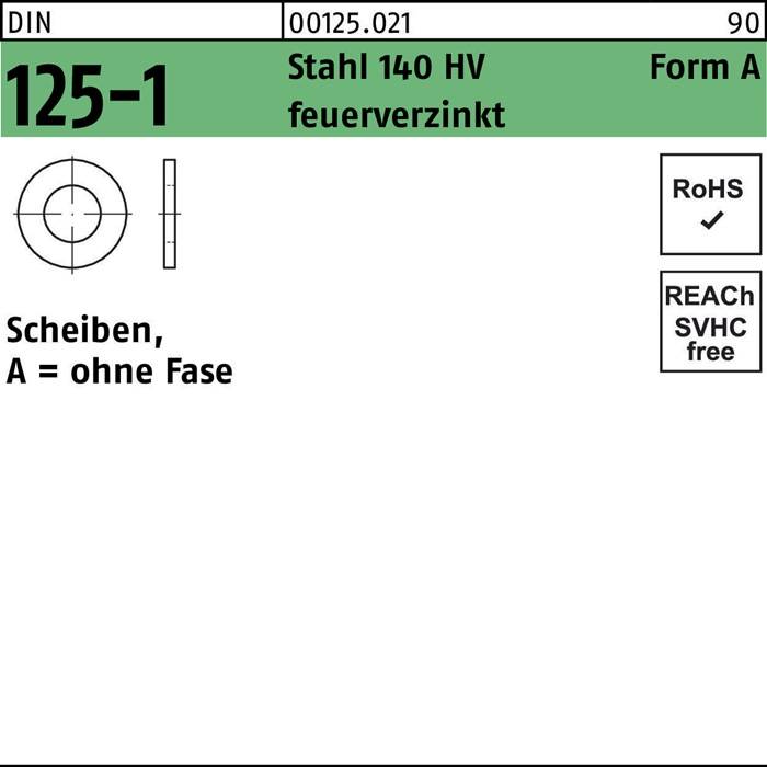 SCHEIBEN A = ohne, Face 125-1, feuerverzinkt', Diagramm zeigt eine technische Spezifikation mit RoHS- und REACH-Konformitätsicons.