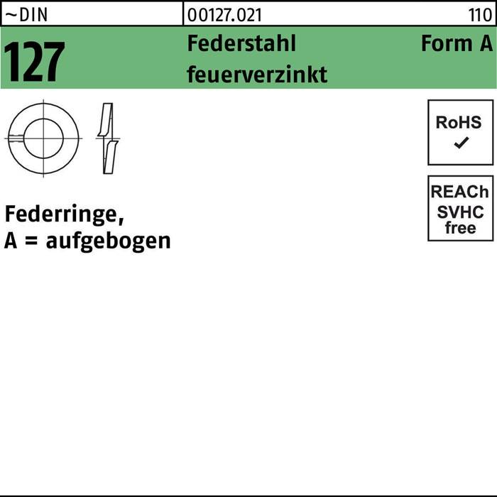 Stahlfederscheibe, 1,27 mm Dicke, verzinkt, Form A, RoHS-konform, REACH-SVHC-frei, Artikelnummer 00127.021.