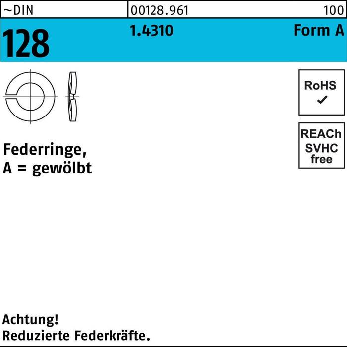 Das Bild zeigt eine technische Zeichnung einer Federungsscheibe mit Maßangaben, 'A = gewölbt'. Etiketten weisen auf Konformität mit RoHS und REACH hin.