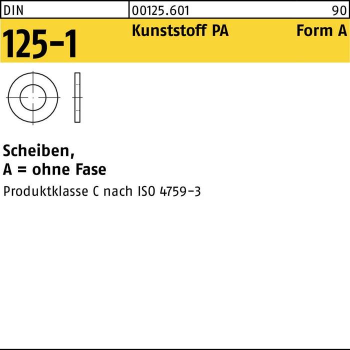 Technische Zeichnung einer Scheibe mit der Bezeichnung '125-1', Material 'Kunststoff PA'. Beschrieben als 'ohne Fase', Klasse C gemäß ISO 4759-3.