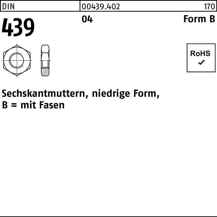 Sechskantmutter, niedrige Form mit Fase, Typ B. Teilenummer 439. DIN-Spezifikation 439. RoHS-konform.