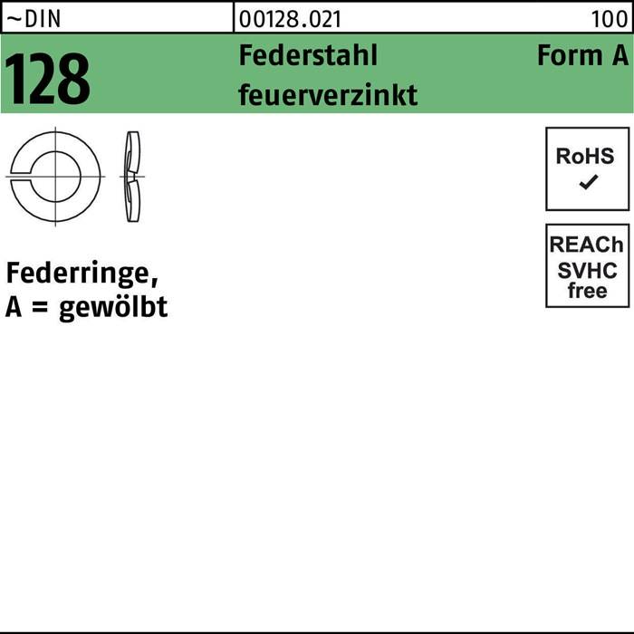 DIN 128 Federscheibe gewölbt, Stahl, verzinkt. Packung mit 100 Stück. Merkmale: RoHS-konform und REACH-Status.