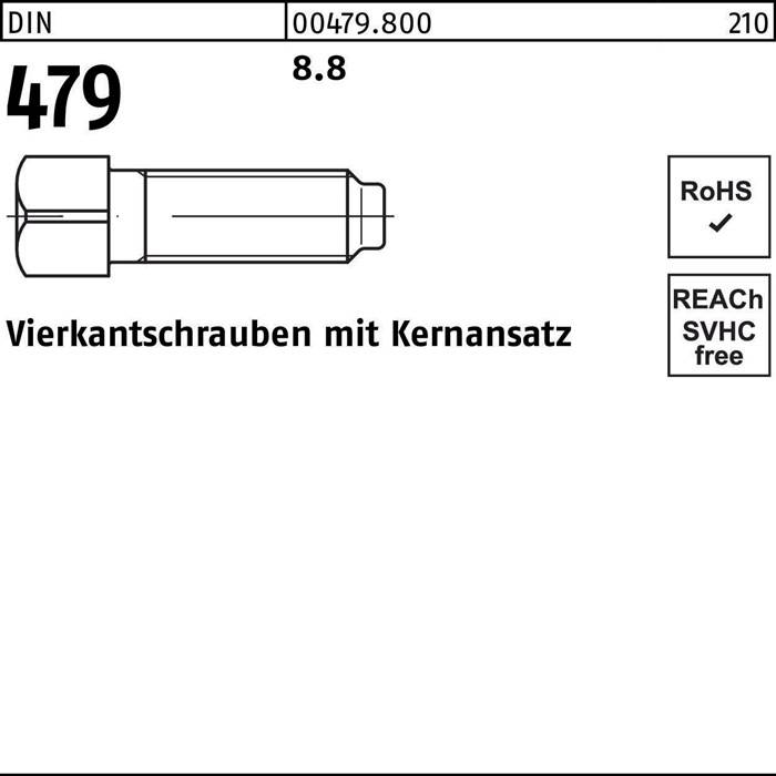 Das Bild zeigt eine technische Zeichnung einer Schraube mit der Bezeichnung '479'. Sie enthält die Markierungen '8.8', 'RoHS' und 'SVHC-frei'. Der deutsche Text lautet 'Vierkantschrauben mit Kernansatz'.