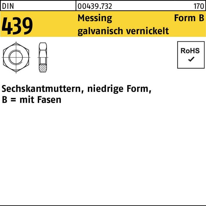 Das Bild zeigt eine Box mit Details: 'Messing galvanisch vernickelt,' Form B, DIN 439, ein Sechskantmuttern-Bild und einen 'RoHS'-Konformitätshinweis.