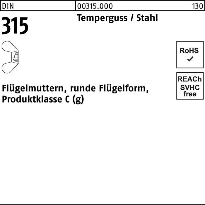 Flügelmutten-Diagramm, Temperguß/Stahl, 00315.000.130. Produktklasse C (g). Etiketten: 'RoHS', 'SVHC-frei', 'REACH-konform'.