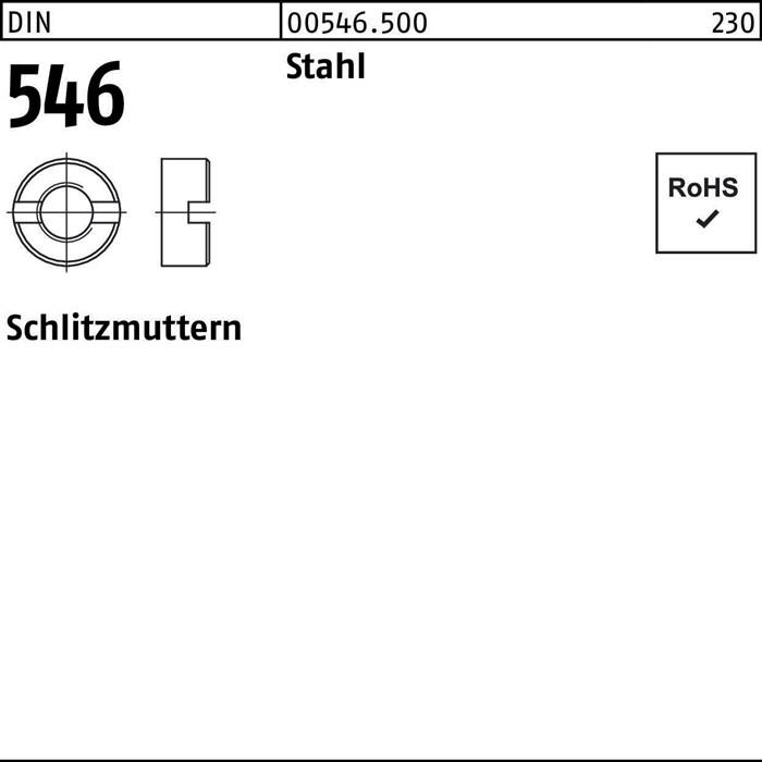 Die 'Schlitzmuttern'-Diagramm zeigt eine Querschnittsansicht mit Identifikation DIN 546, Code 00546.500, Material Stahl und RoHS-Konformität.