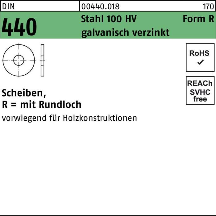 SCHEIBEN, R = mit Rundloch, vorwiegend für Holzkonstruktionen' - Stahlscheibe 440 Beschreibung mit RoHS- und REACH-Konformitätssymbolen.
