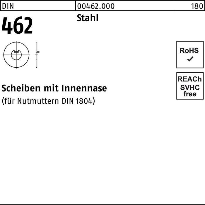 Technische Zeichnung einer 462 Stahlscheibe mit Innenmutter DIN 1804. Enthält Teilenummer 00462.000. Gekennzeichnet mit 'RoHS' und 'REACH-frei'.
