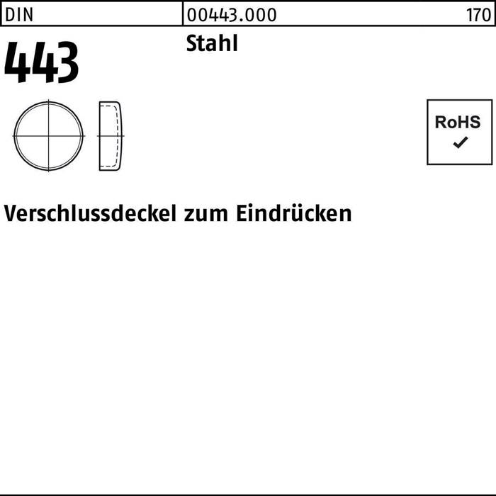 Diagramm eines Stahlverschlussdeckels mit Abmessungen. Text lautet 'Verschlussdeckel zum Eindrücken' und enthält ein angehaktes RoHS-Konformitätskästchen.
