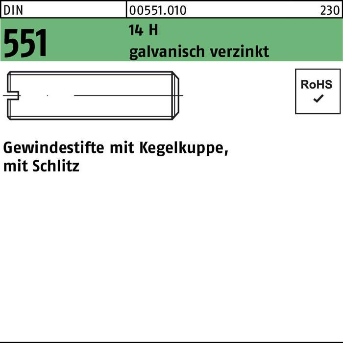 Eine Skizze, die einen galvanisch verzinkten Dowel-Stift mit geschlitzter Spitze zeigt. Beschriftet mit 'DIN 551', 'galvanisch verzinkt', konform mit 'RoHS'.