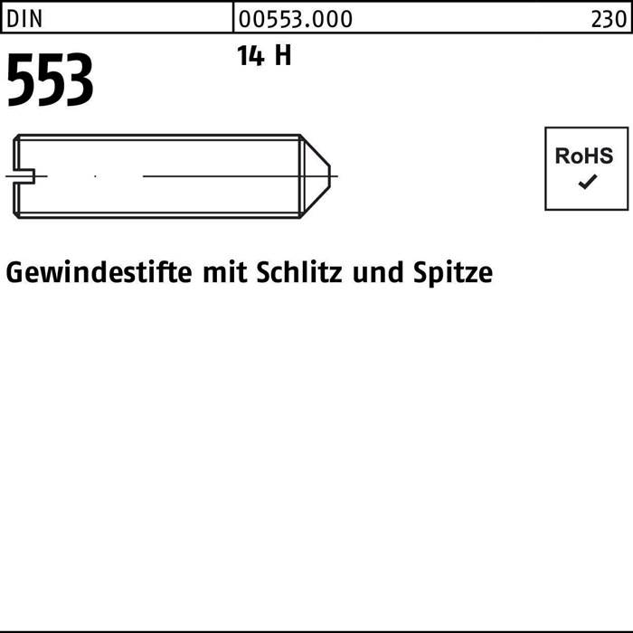 Zeichnung einer geschlitzten Bleistiftform, beschriftet mit 'Gewindestifte mit Schlitz und Spitze', mit den Zahlen '553', '14 H' und einem RoHS-Konformitätshäkchen.