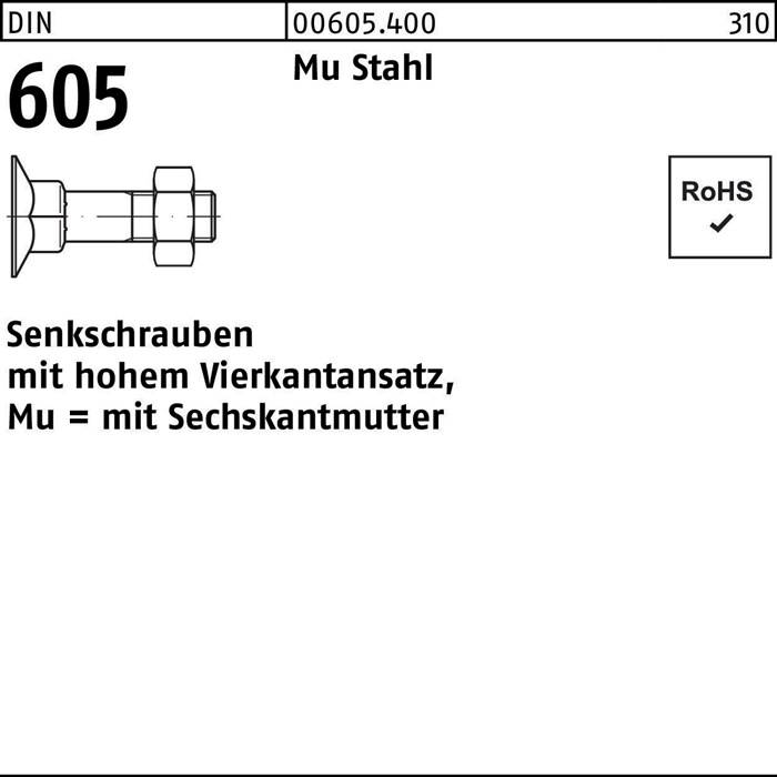 Technische Zeichnung eines DIN 605 Bolzens mit quadratischem Hals. Teilenummer 00605.400, RoHS-konform.