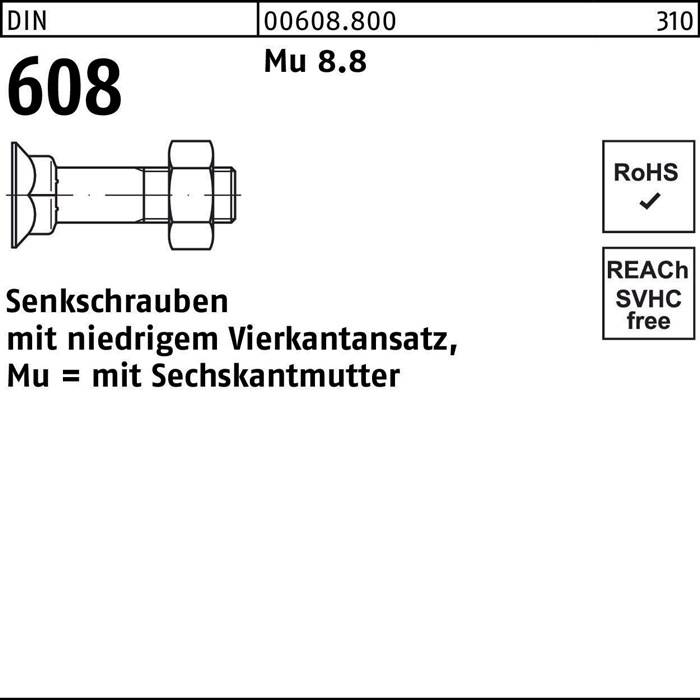 Schraubendiagramm mit Bezeichnung '608', detaillierte Ansicht mit technischen Abmessungen. Text: 'Schrauben mit niedriger quadratischer Mutter', 'RoHS', 'SVHC-frei'.