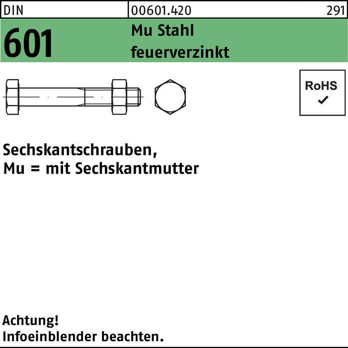 DIN 601 Mu Stahl feuerverzinkt' beschriftete Box zeigt eine Sechskantschrauben- und Mutterdiagramm, mit einer Notiz: 'Achtung! Infoeinblender beachten.' RoHS-konform.