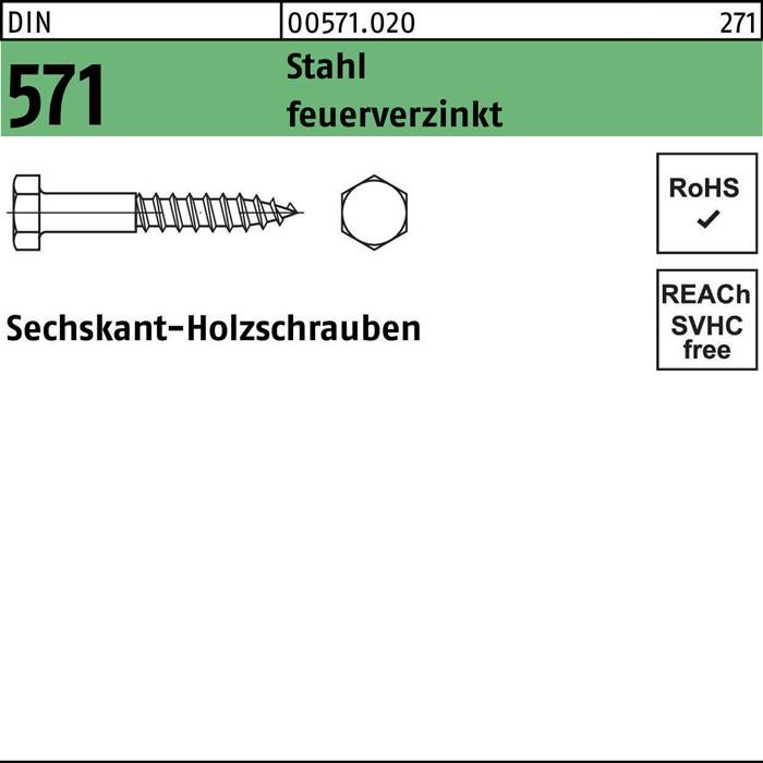 Schraube 571: Sechskant-Holzschraube, Stahl, verzinkt. RoHS- und REACH-konform. Code: DIN 571, Größe: 00571.020, Menge: 271.