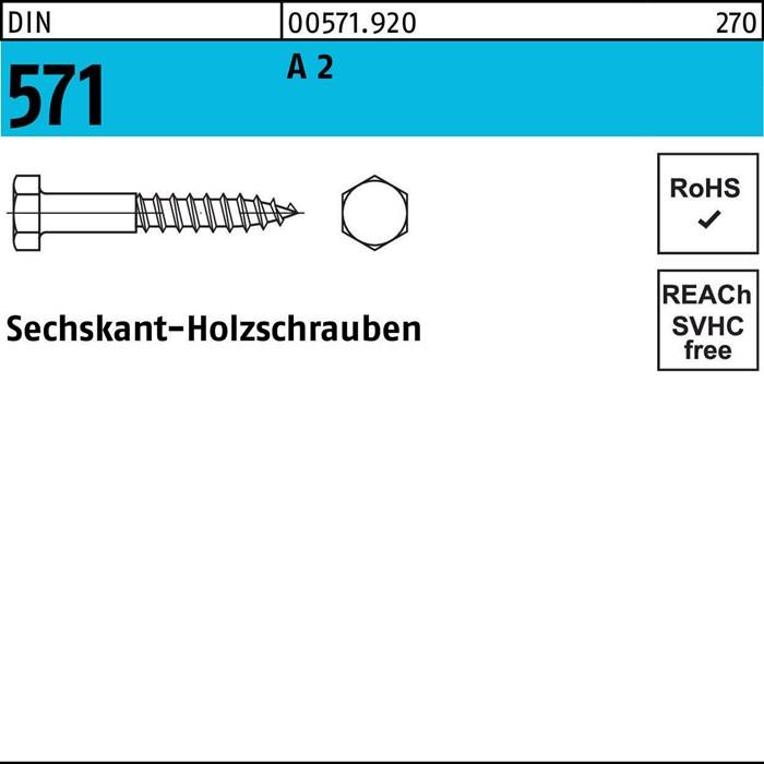 Schraubendiagramm mit der Bezeichnung 'Sechskant-Holzschrauben' mit Spezifikationen: 571, 002571.920, A 2, und Konformitätsmarkern für RoHS und SVHC.