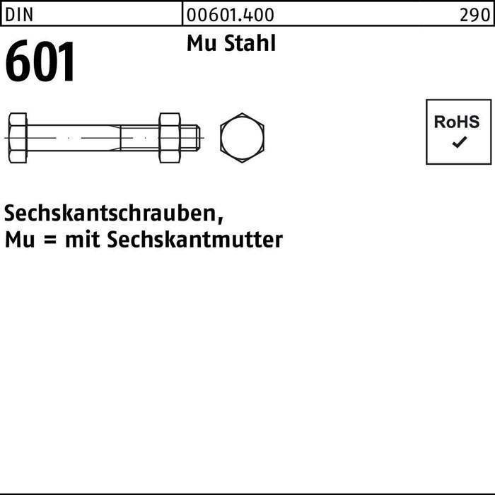 Eine Schraube-und-Mutter-Illustration mit der Bezeichnung 'Mu 00601.400', mit dem Text 'Sechskantschrauben, Mu = mit Sechskantmutter', und 'RoHS' gekennzeichnet.