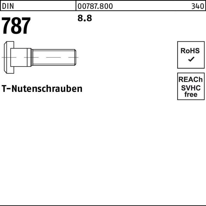 DIN 787' Sechskantschraube mit Spezifikationen: '8.8', '00787.800', '340'. Kennzeichnungen: 'RoHS', 'SVHC-frei', 'T-Nutenschrauben'.