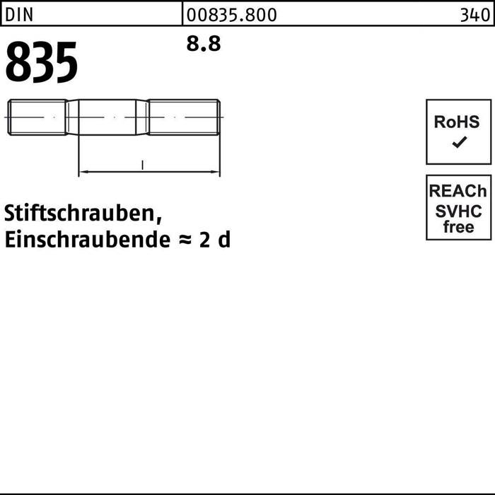 Technische Zeichnung einer Stiftschraube, gekennzeichnet mit 'DIN 835', Maßangaben dargestellt, mit Markierungen für RoHS-Konformität und SVHC-freien Status.