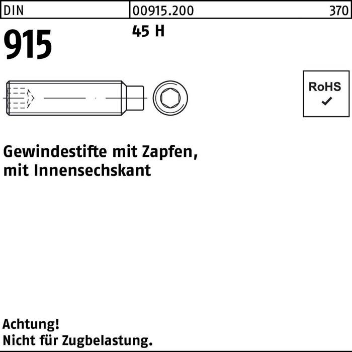 Innensechskantschraube' als RoHS-konform gekennzeichnet. Bezeichnet als 'DIN 915'. Warnung: 'Nicht für Zugbelastung verwenden.