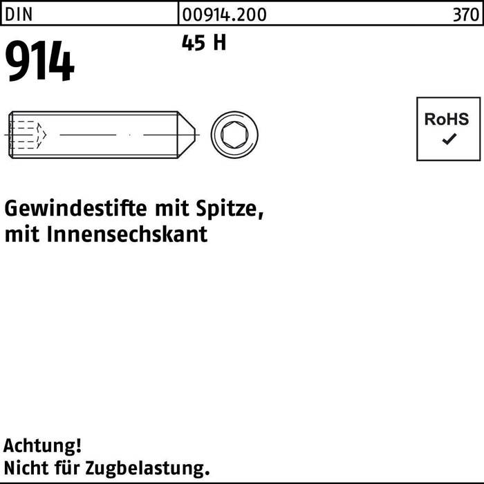 Beschriftete Abbildung eines Gewindebolzens mit Innensechskant. Text: 'Gewindestifte mit Spitze, DIN 914.' Hinweis: 'Achtung! Nicht für Zugbelastung.' RoHS-konform.