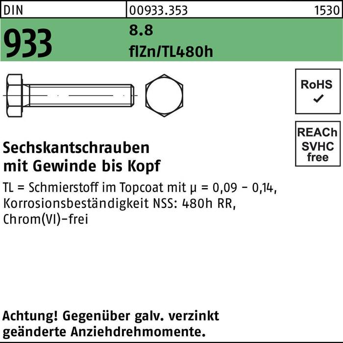 Sechskantschrauben mit Gewinde bis Kopf, metrische Sechskantschraube Detailzeichnung, Maße in Millimetern. RoHS-konform, korrosionsbeständig.