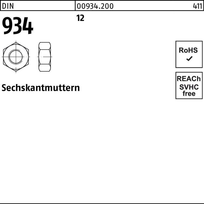 Technische Zeichnung einer Sechskantmutter, Norm DIN 934, Größe 12. Enthält Konformitätsprüfungen für 'RoHS' und 'REACH-frei'.