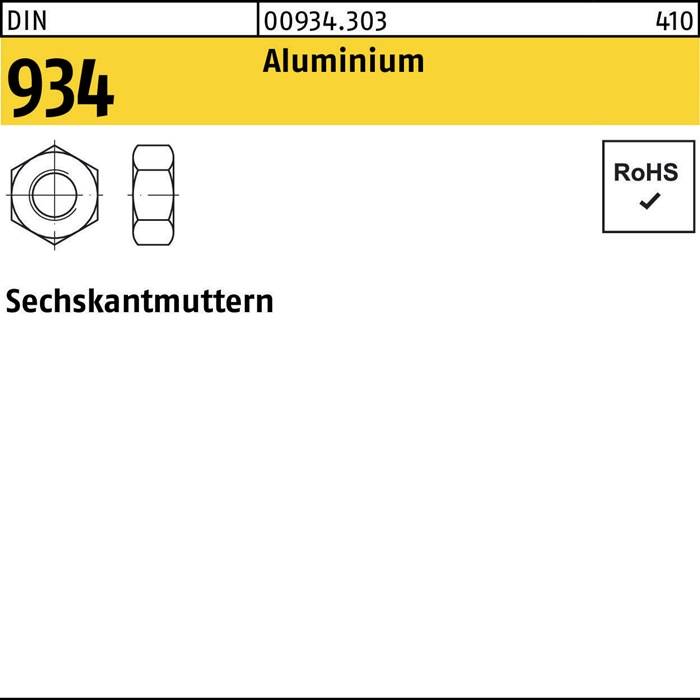 Sechskantmuttern 934, Aluminium, RoHS-konform mit technischer Zeichnung, Artikelnummer 00934.303 und Konformitätssymbol