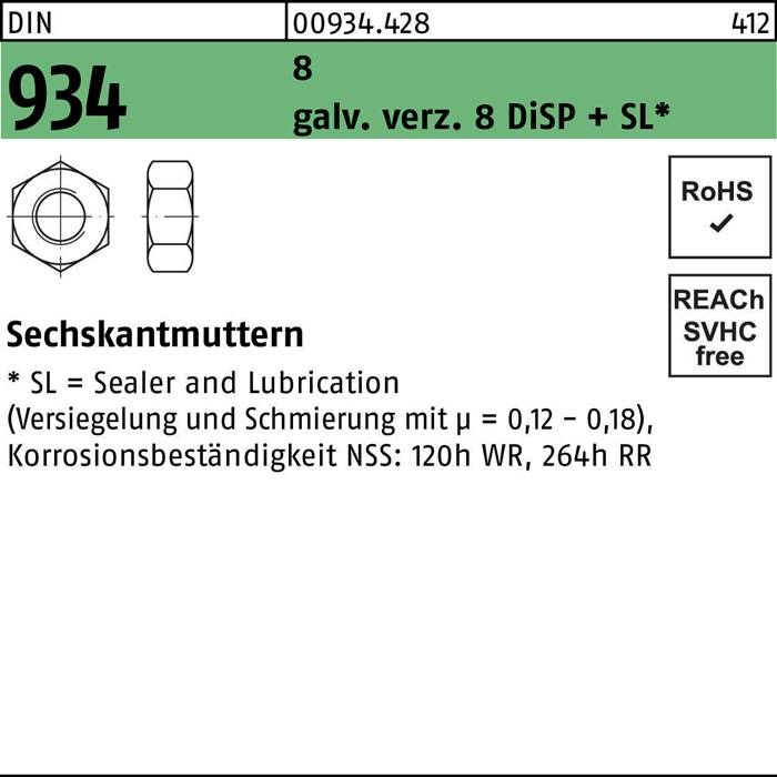 Sechskantmutter DIN 934 M12 gal Zn 8 DiSP + SL 500 Stück