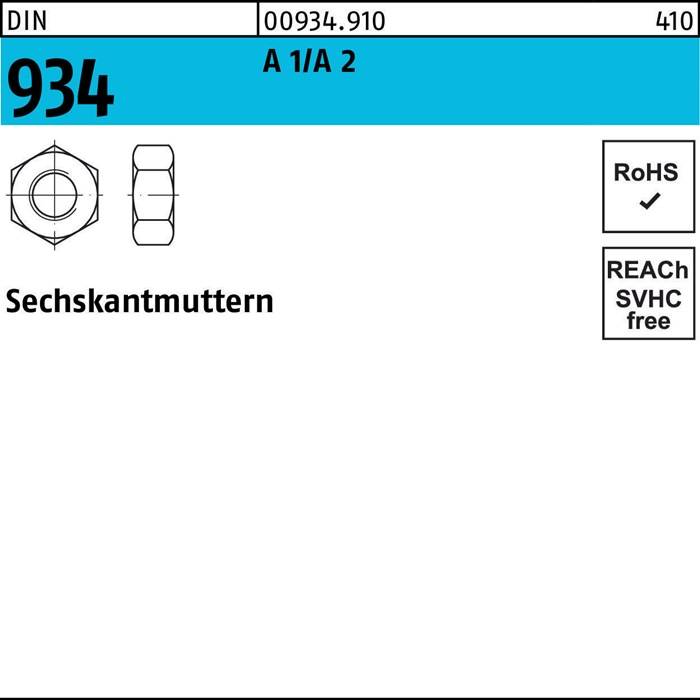 Sechskantmutter technische Zeichnung mit Teilenummer 00934.910, gekennzeichnet als RoHS- und REACH-konform. Beschriftet als 'Sechskantmuttern'.
