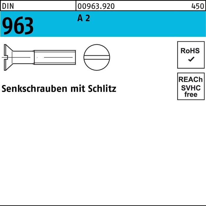 Diagramm einer geschlitzten Senkschraube, beschriftet mit 'Senksschrauben mit Schlitz'. Enthält RoHS- und REACH-SVHC-Konformitätsikonen.
