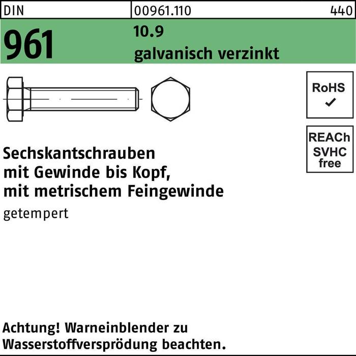 Beschriftet mit der Teilenummer '00961.110', die eine Gewindestifte mit feinem metrischen Gewinde kennzeichnet. Hinweise umfassen Verzinkung und Sicherheitsprüfungen.