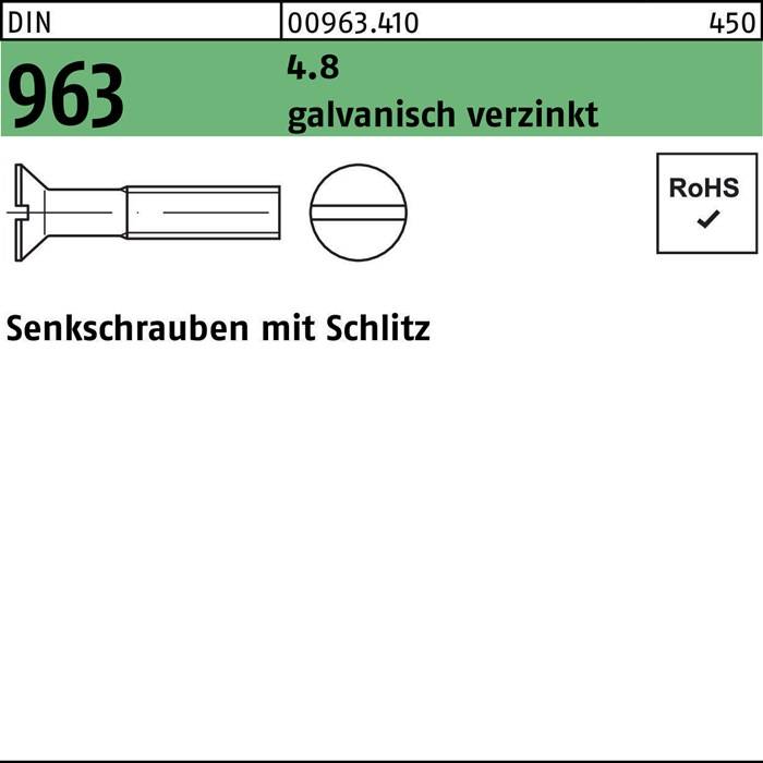 Senkschraube DIN 963 Schlitz M5x 70 4.8 galv.verz. 100 Stück