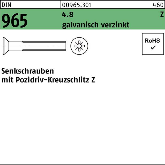 Das Bild zeigt eine Kennzeichnung für eine DIN 965 Senkschraube, Posidriv-Kreuzschlitz Z, verzinkt, mit Artikelnummer 00965.301 und RoHS-Konformität.